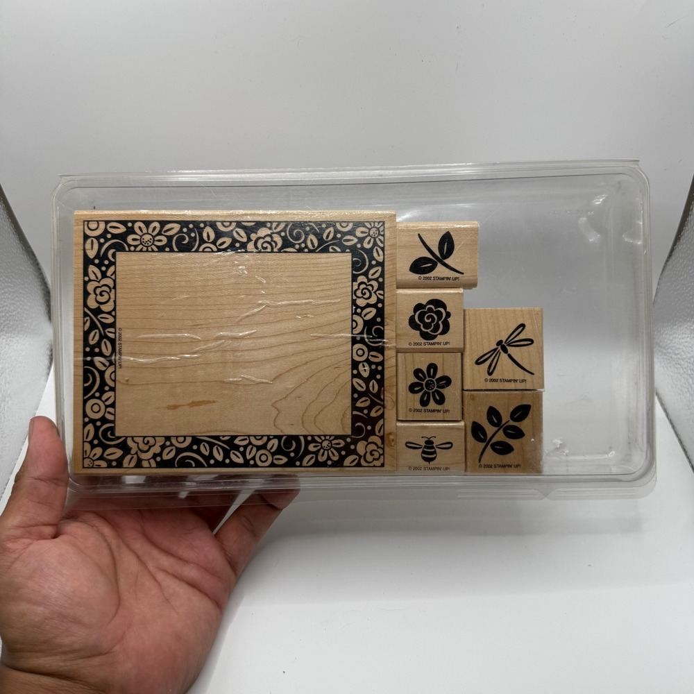 Stampin Up Garden Greetings Wood Mount Rubber Stamp Set 2002 Floral Dragonfly